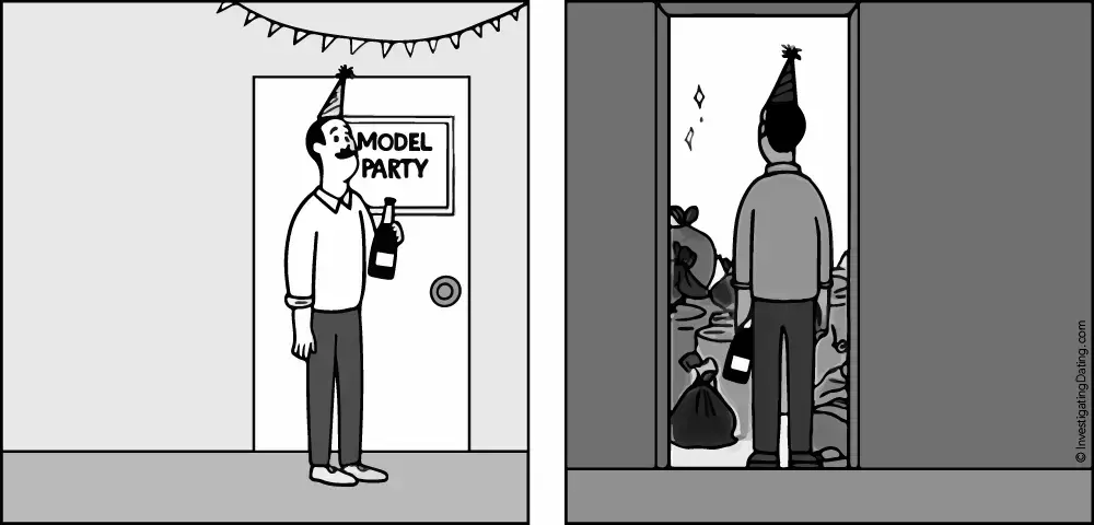 A two-panel comic. In the left panel a guy is standing in front of a closed door with a sign on it that says, "Model Party". He thinks he's going to a party filled with models. In the right panel he is standing in front of an open door to a room filled with hot garbage. This is the experience of joining WellHello.