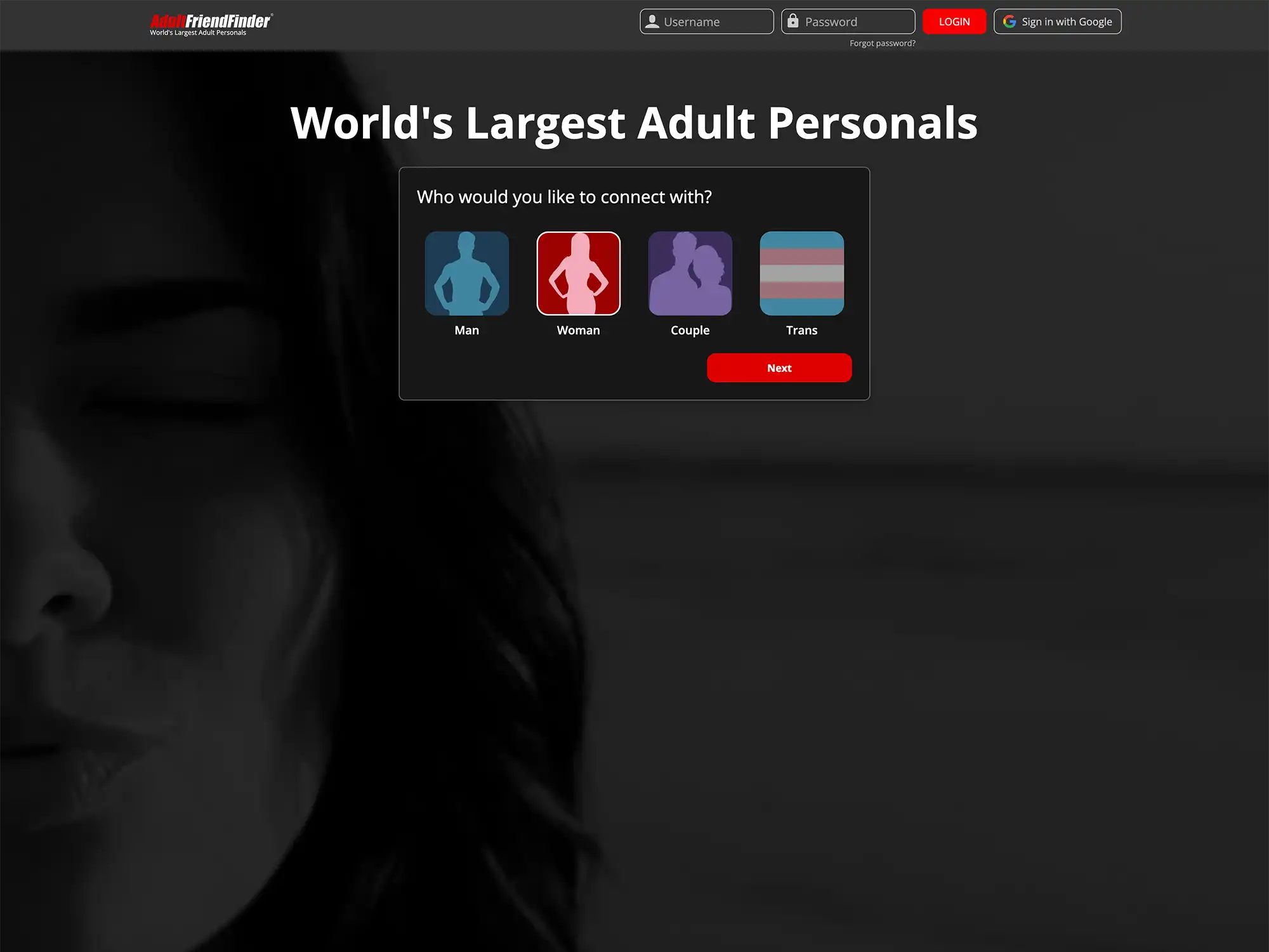 Screenshot of Adult FriendFinder home page