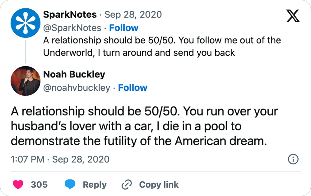 A tweet that says, "A relationship should be 50/50. You run over your husband’s lover with a car, I die in a pool to demonstrate the futility of the American dream."