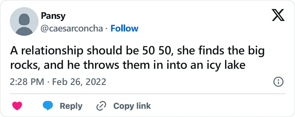 A tweet that says, "A relationship should be 50 50, she finds the big rocks, and he throws them in into an icy lake"