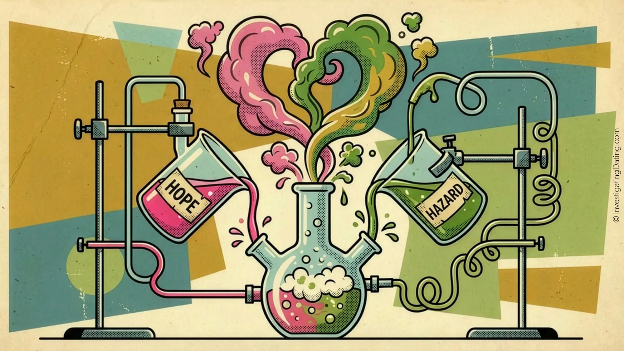 A retro-style illustration of a chemistry experiment. A beaker labeled 'HOPE' pours pink liquid and a beaker labeled 'HAZARD' pours green liquid into a central flask, creating a volatile, bubbling reaction with heart-shaped smoke.
