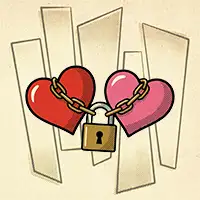 A retro-style illustration of two hearts chained together by a brass padlock representing exclusive dating.