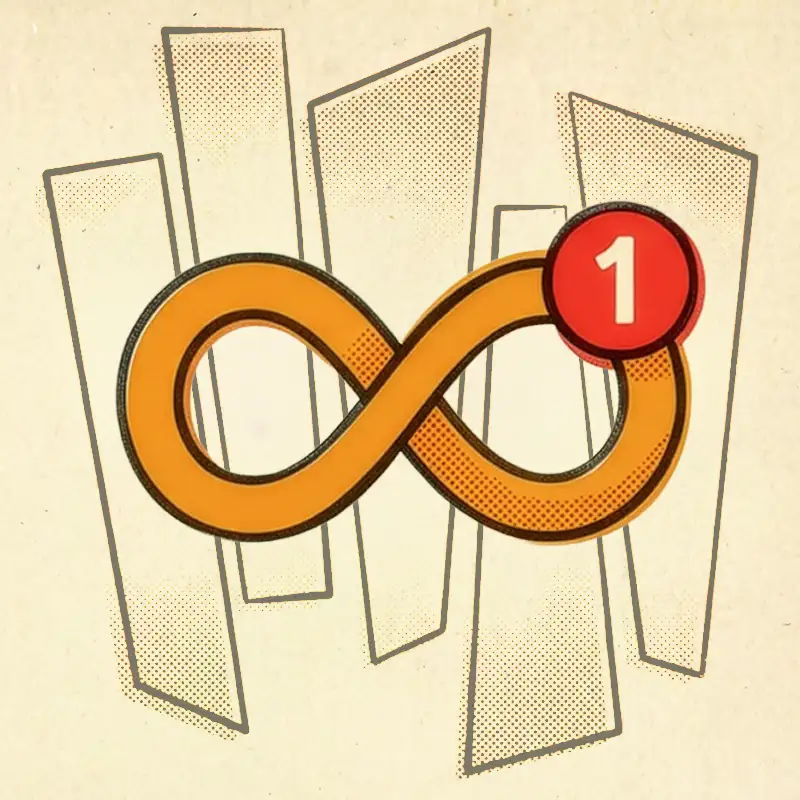 A retro-style illustration of an infinity loop with a red notification badge representing the endless cycle of post-dating communication.