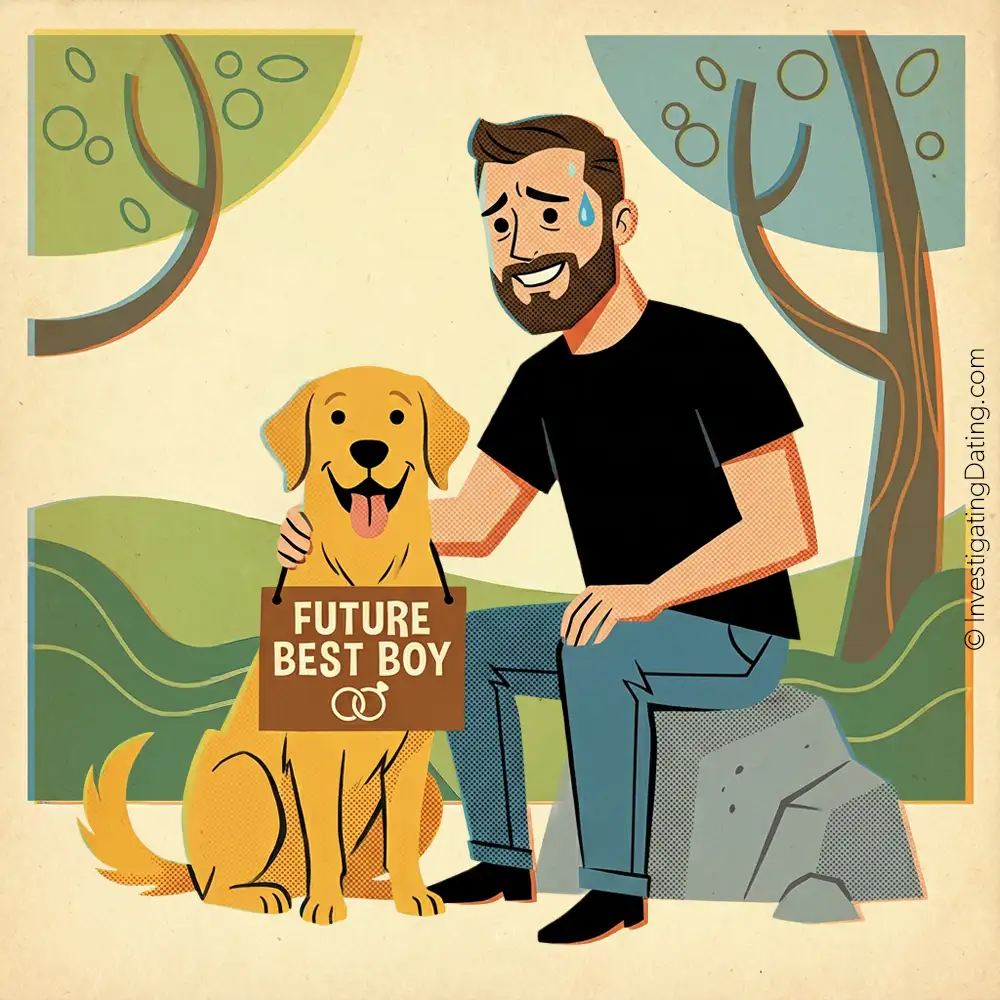 A retro-style illustration of a man sitting on a rock next to a happy golden retriever. The dog is wearing a sign around its neck that reads 'FUTURE BEST BOY' accompanied by two interlocking wedding rings. The man is looking at the camera with a pained, nervous smile, conveying a sense of quiet panic.